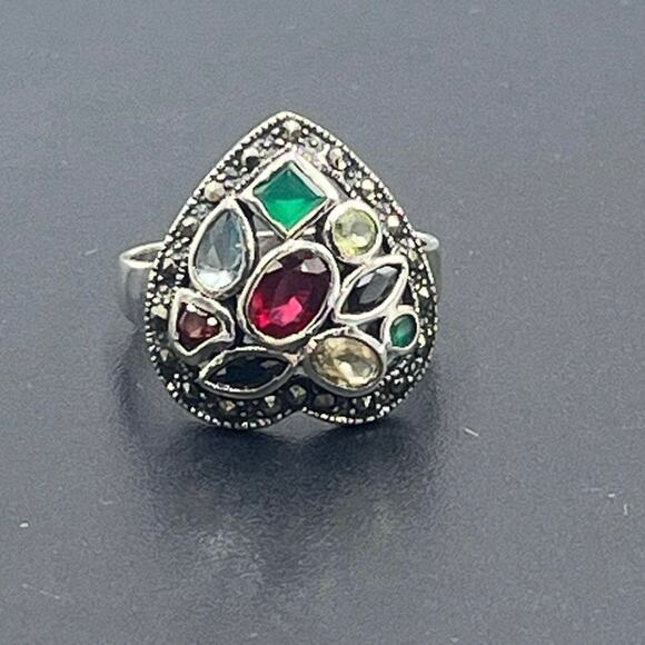 Sterling Silver Marcasite Multi-Gemstone Multi-Shaped Heart Noppakao Ring Sz 9.5 - Picture 8 of 9